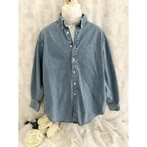 Vtg y2k Mens Large Blue 100% Cotton DENIM BUTTON-UP SHIRT Sailing Outdoors